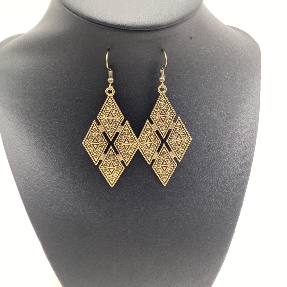 Antique Gold Tone Geometric Diamond Drop Earrings Tribal Etched Boho Statement